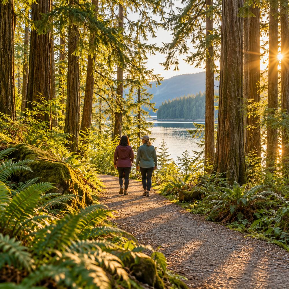 Sunlight finding its way through a lush forest trail