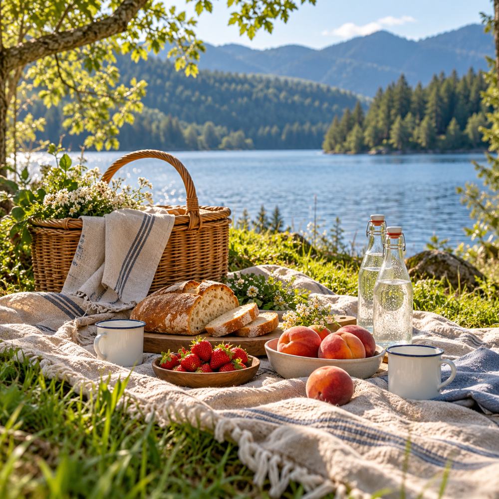 A picnic laid out beside a peaceful lake