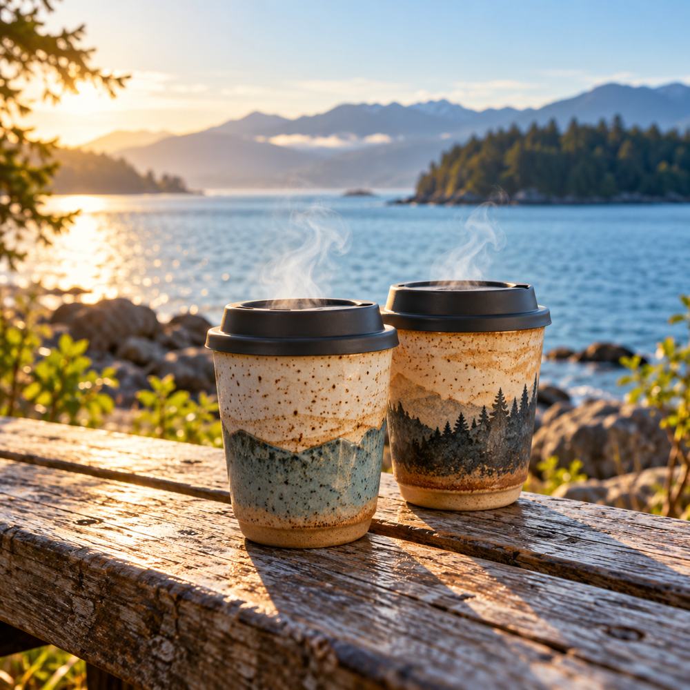 Two coffees beside sunlit water and mountains